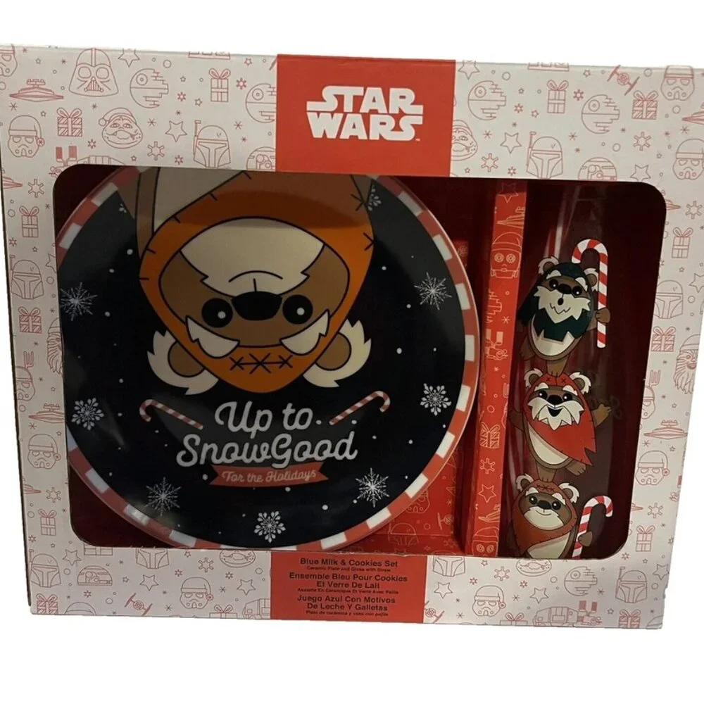 NEW Star Wars EWOK Holiday Blue Ceramic Milk and Cookies Set